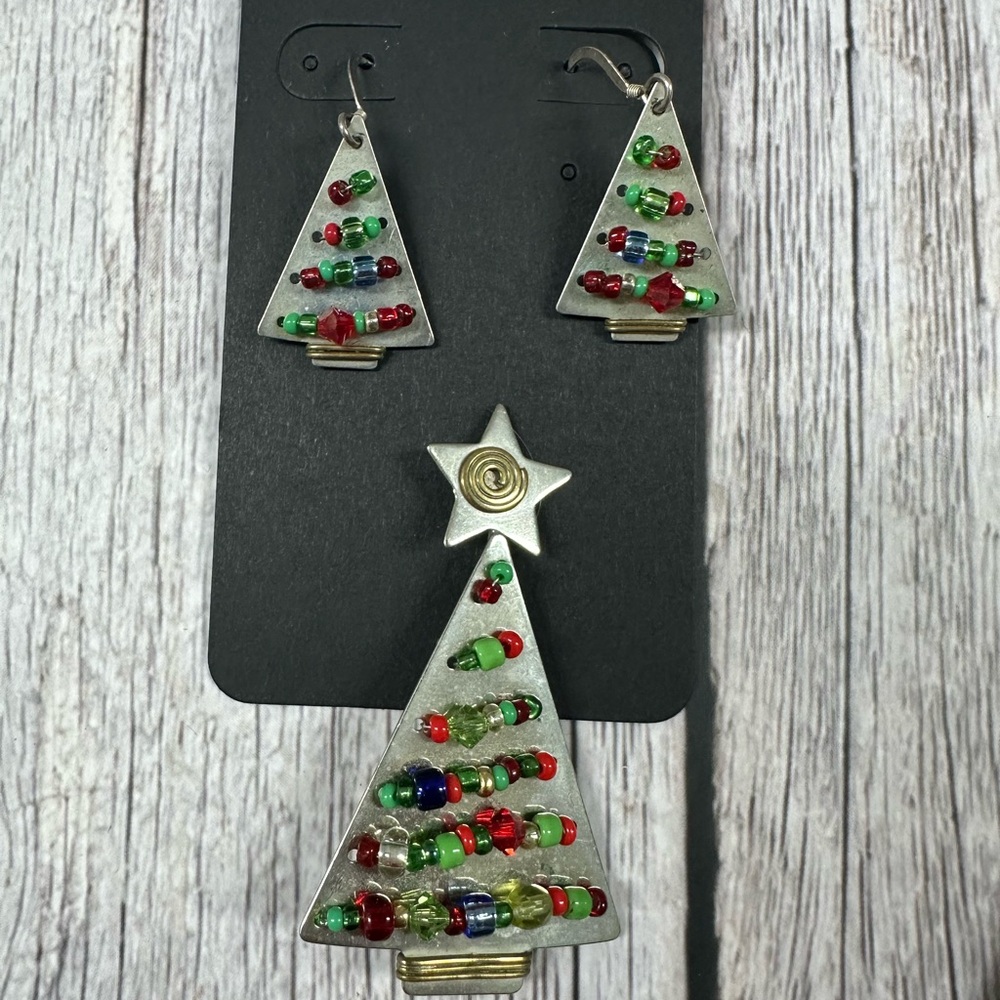 Festive Tree Earrings and Brooch Set